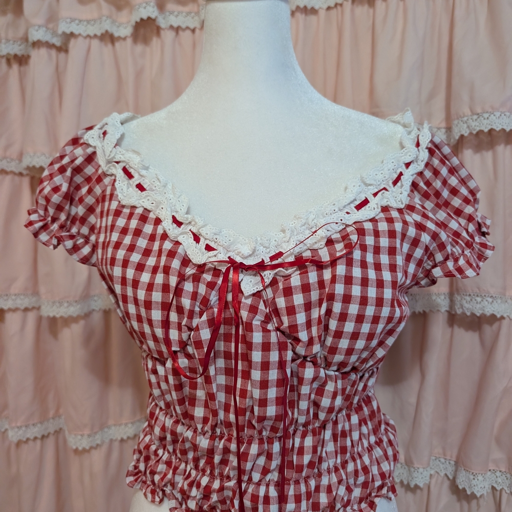 Red Gingham Lace Trim Top